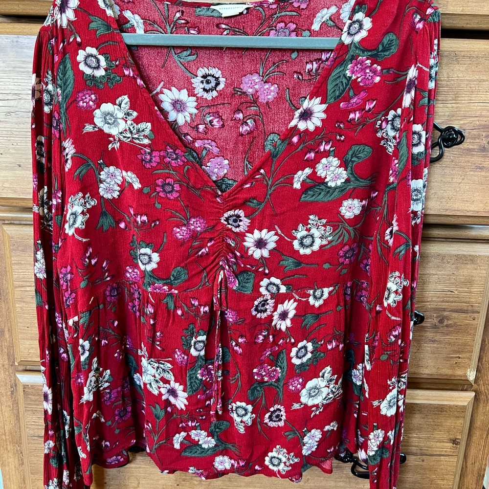 Aeropostale Red and Pink Floral Top